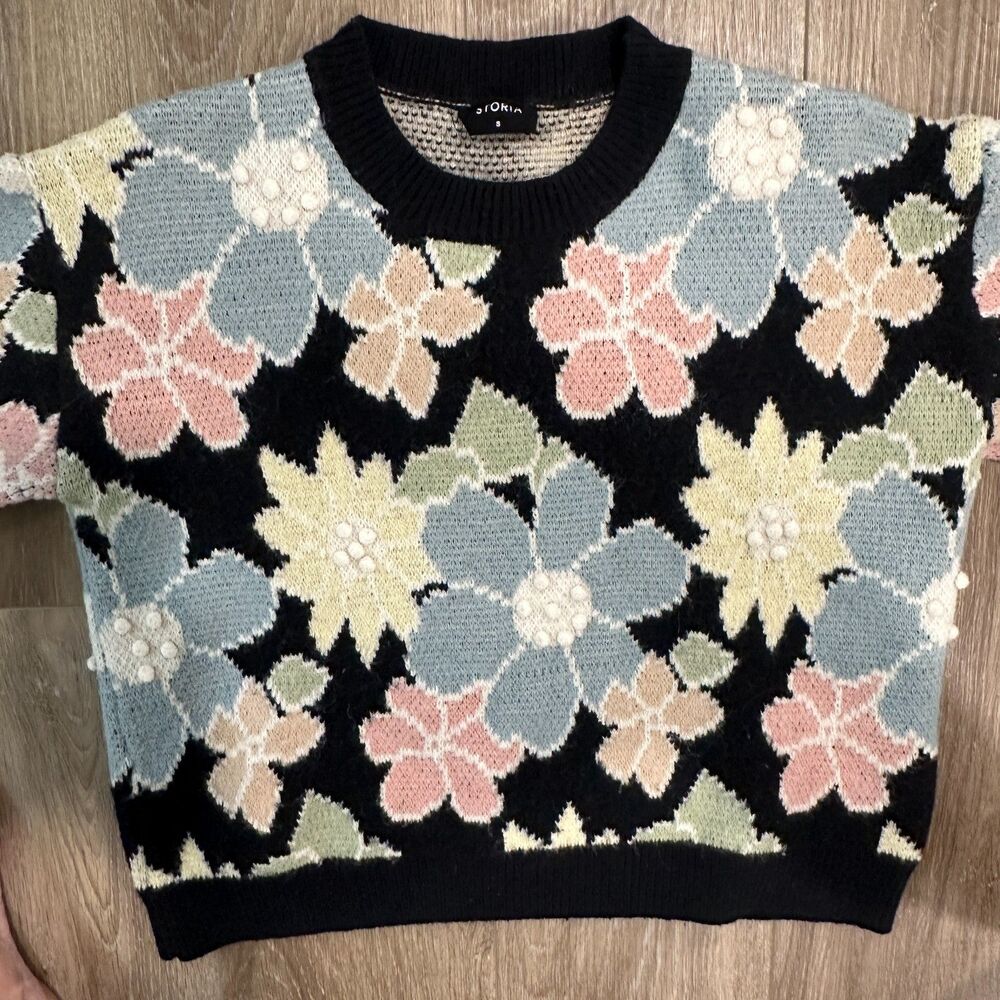 Floral 3D Bobble Knit Intarsia Daisy Crewneck Sweater Black Pastel Size Small